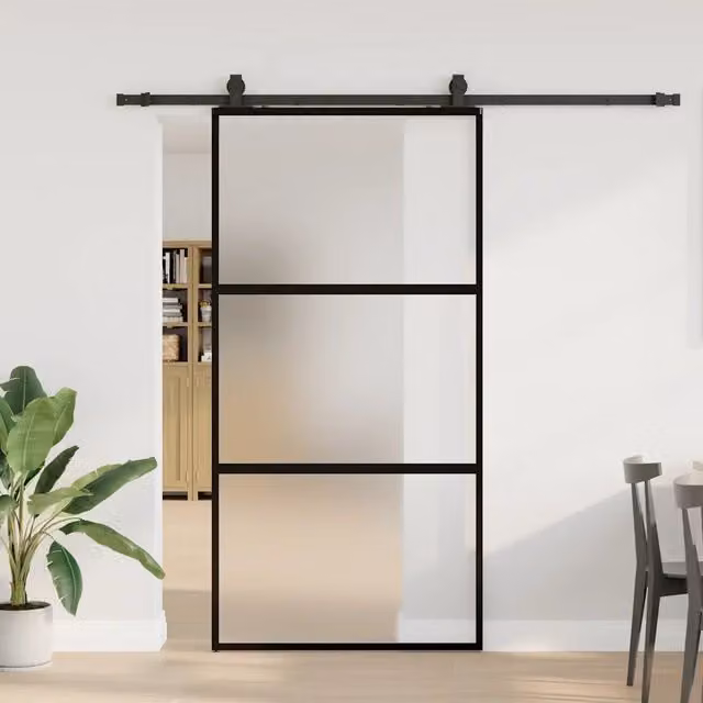 Porta Scorrevole Moderna Gogarden in Alluminio e Vetro Temperato, Colore Nero, L: 102,5 cm, H: 205 cm – 1
