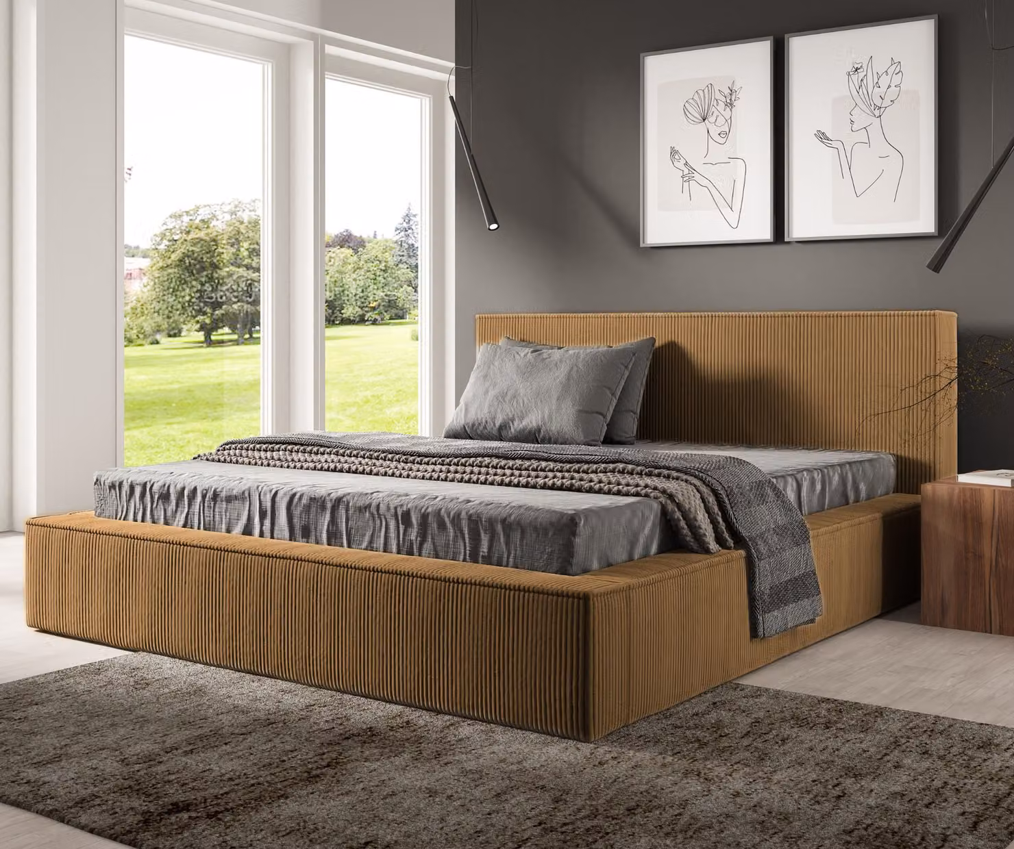 GUTTO Letto imbottito FILO colore senape 140x200 in tessuto corda con rete a doghe in metallo Design moderno in colori di tendenza, con vano contenitore
