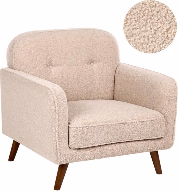 Poltrona beige in bouclé, trapuntatura a bottoni, gambe in rovere, poltrona decorativa, stile tradizionale, soggiorno