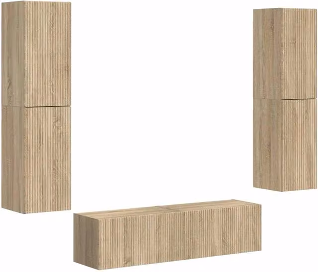 Set mobile TV componibile da 6 pezzi in legno multistrato color rovere sonoma e finitura opaca con illuminazione integrata per soggiorno o ufficio
