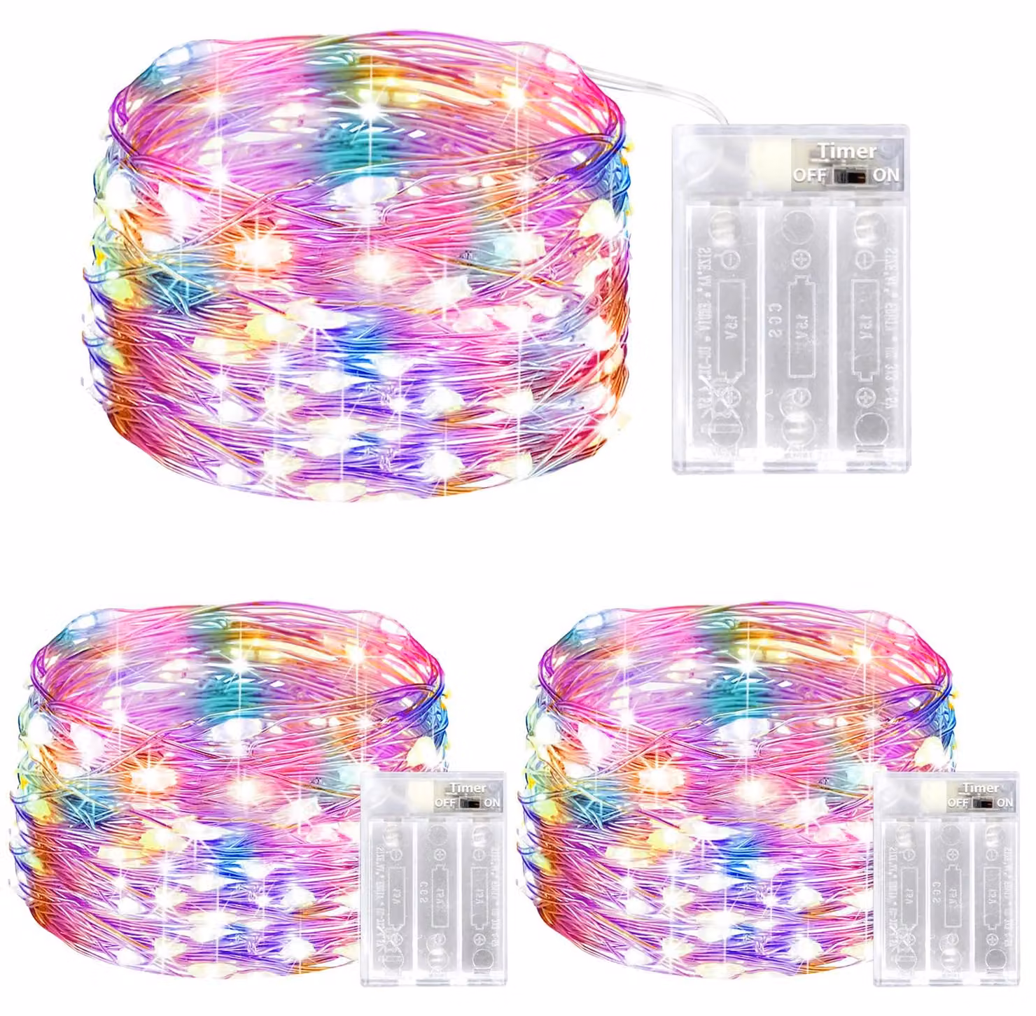Catena luminosa a LED, confezione da 3, lunghezza 5 metri, 50 LED, alimentazione a batteria, con timer
