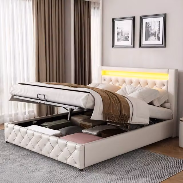 Letto imbottito 140x200 cm in PU bianco con LED, rete e vano contenitore