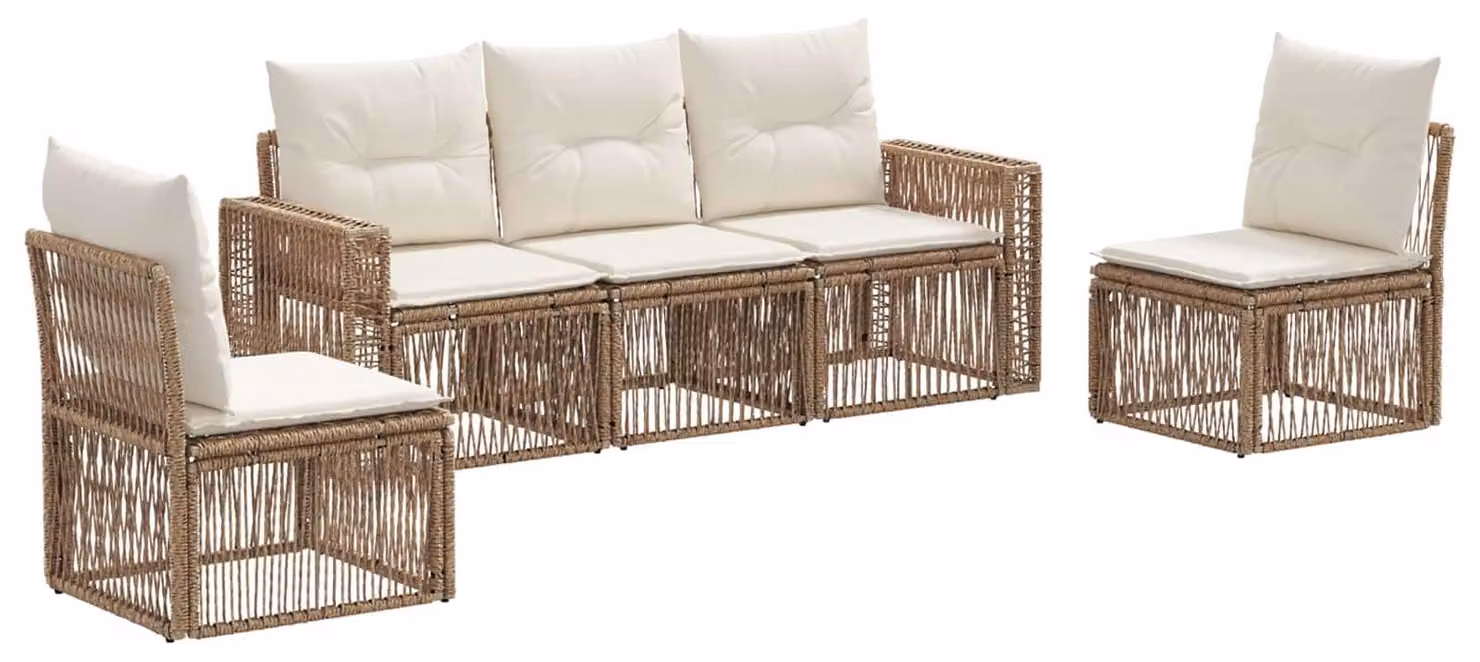 Set di divani da giardino, 5 pezzi. Colore: beige e crema, materiale: rattan sintetico