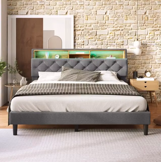 Letto matrimoniale 140 x 200 cm con testiera contenitore e LED; grigio