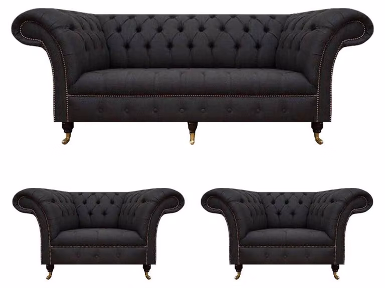 Moderne Chesterfield Schwarze Garnitur Designer 2x Textilsessel 3-Sitzer