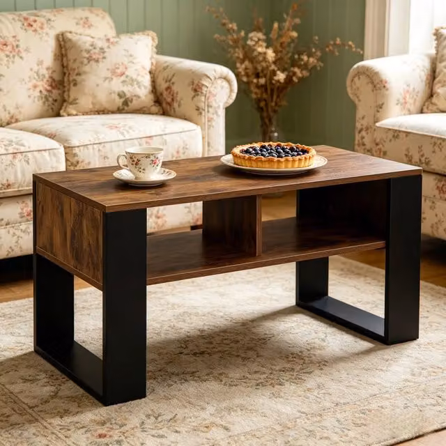 Tavolino 90x45x45 cm con 2 vani portaoggetti in legno