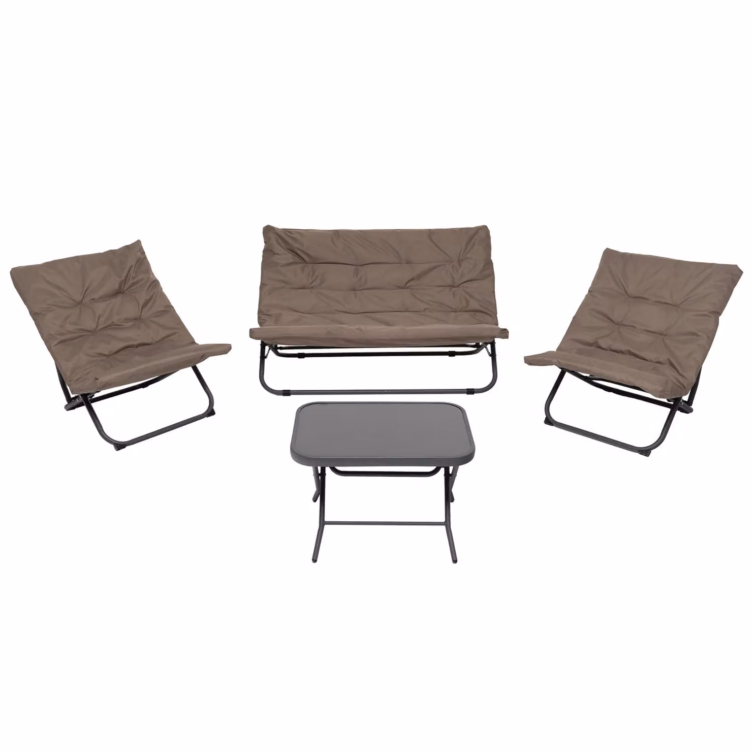 Vestiamo Casa Giardino Set da giardino moderno 4 pezzi con struttura in acciaio antracite, divano a 2 posti, poltrone lounge, tavolino con top in vetro e cuscini beige – 1