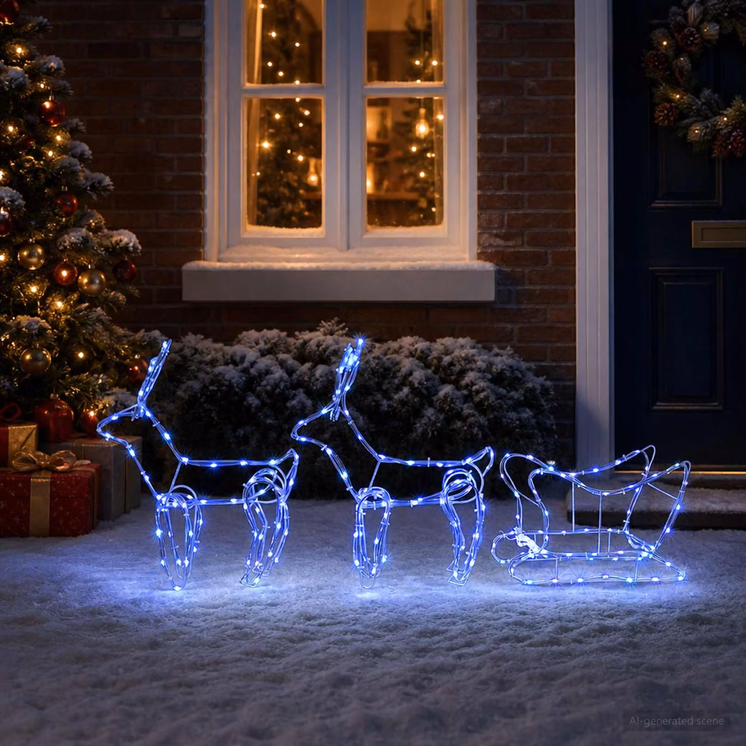 vidaXL Decorazione natalizia con renna e slitta LOVIISA 240 LED Blu