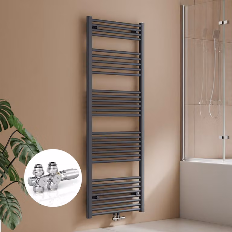 Radiatore da bagno 160 x 60 cm, 761W, antracite, con kit valvola per collegamento centrale, design lineare, radiatore asciuga-asciugamani – S'AFIELINA