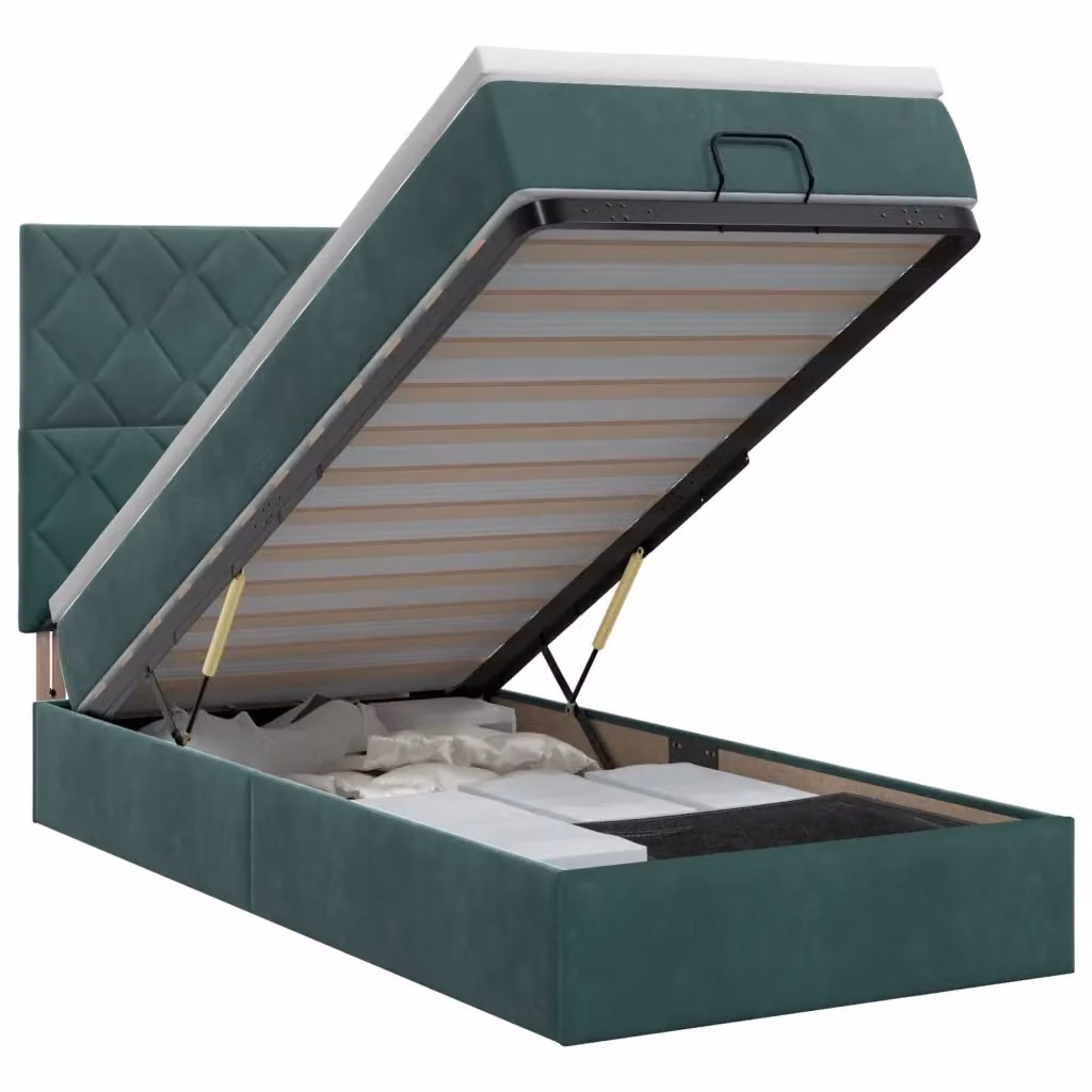 Letto ottomano moderno vidaXL in velluto verde e bianco con contenitore a sollevamento e materasso a molle L: 100 cm, P: 200 cm, H: 140 cm – 2