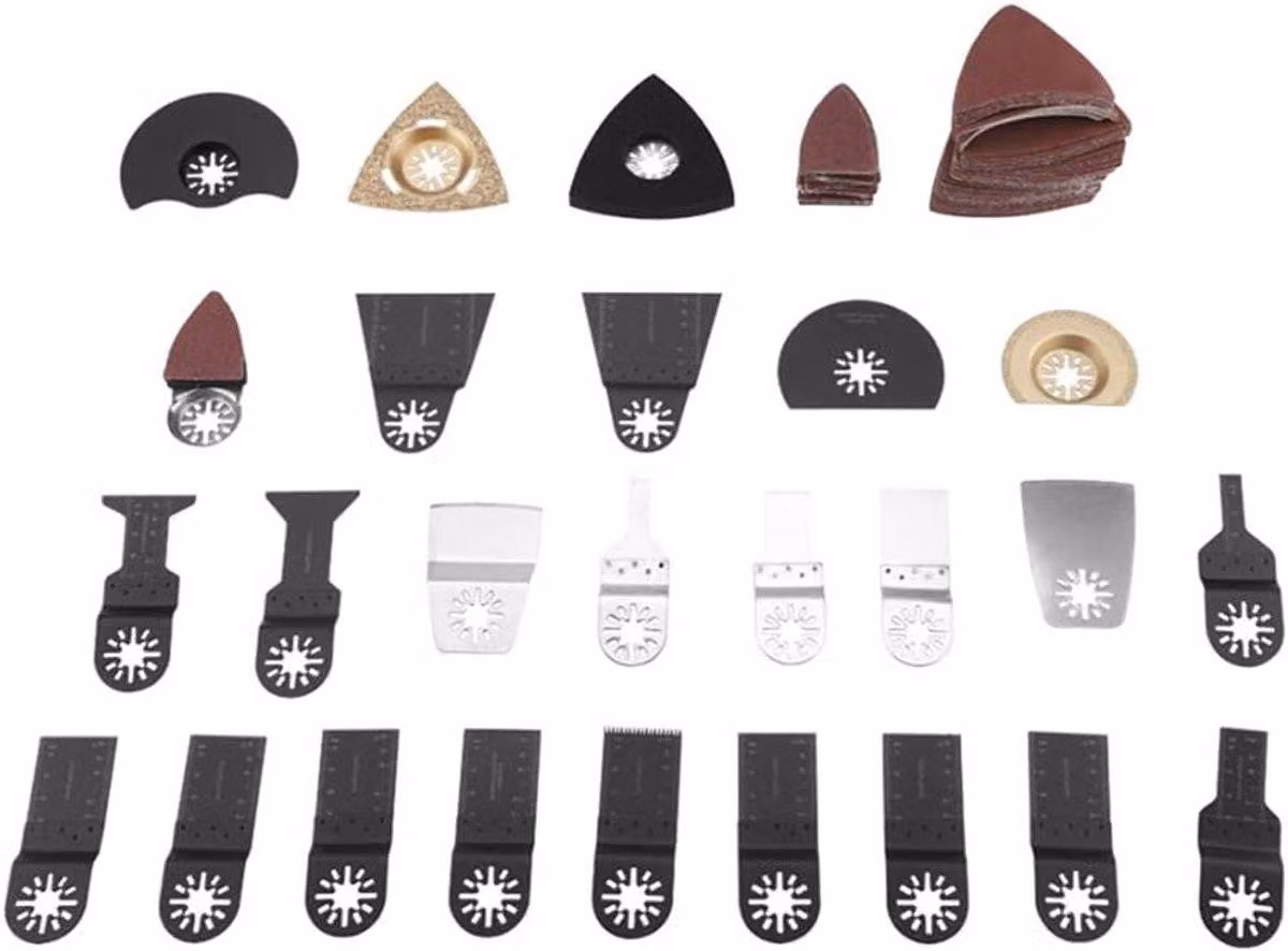 Set di 100 lame per utensili multifunzione oscillanti: una selezione di lame per legno, plastica e metallo, con inclusi fogli abrasivi