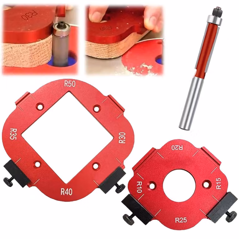 2 pezzi di guida per router, modello a raggio, dima per fresa, angolo a raggio, colore rosso, 8 dimensioni