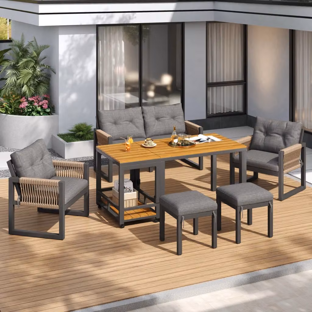 Set Divano da Giardino Minimal in Metallo Grigio con Cuscini, Poltrona, Ottoman e Tavolino da Caffè – 2