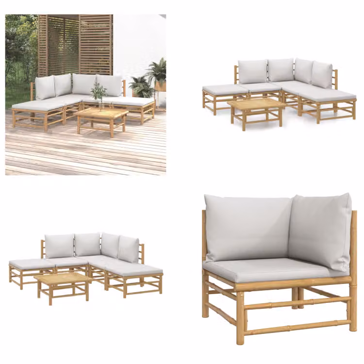 vidaXL Set da salotto da giardino in 6 pezzi con cuscini in bambù grigio chiaro - Set da salotto da giardino - Set da salotto - Set da arredo da giardino