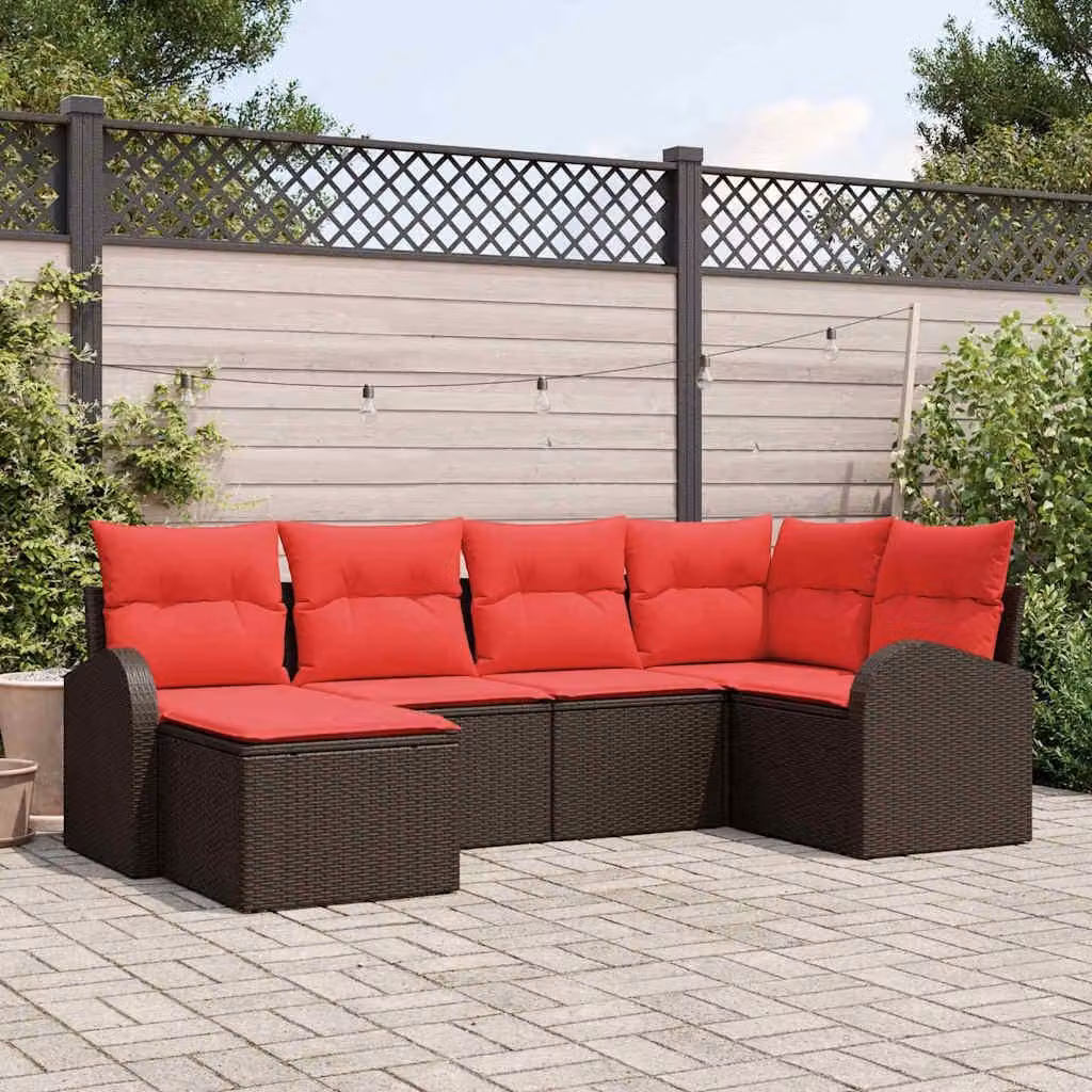 Maison Exclusive - Set di divani da esterno, 6 pezzi, color marrone e rosso, in rattan sintetico