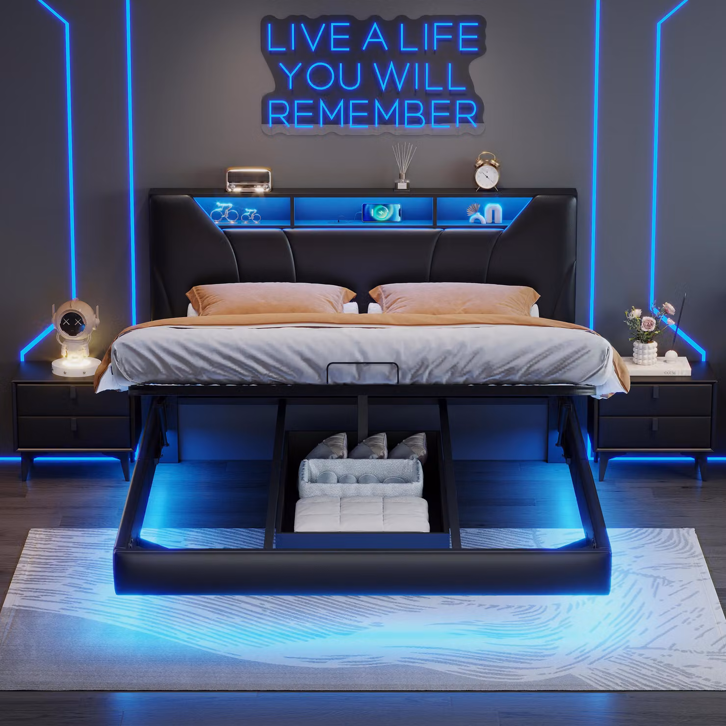 Letto imbottito ProximaX 160×200 cm in nero con molla a gas, vano contenitore, illuminazione a LED su testiera e pediera, connessione di ricarica USB - letto matrimoniale moderno