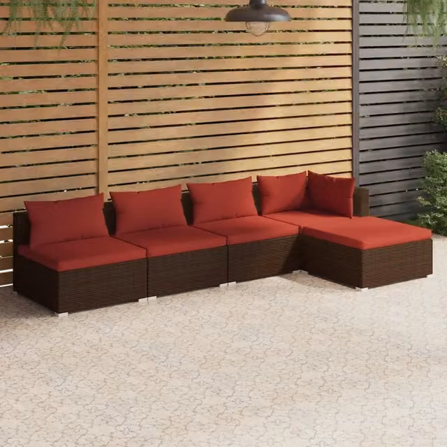 Set da giardino moderno vidaXL composto da 5 pezzi con divano a 3 posti, elemento angolare e pouf, in rattan marrone con cuscini inclusi e coperture rimovibili – 1