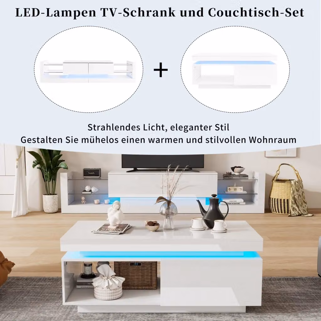 Set di 2 unità composto da Mobile TV e Tavolino REDOM in Bianco Lucido con illuminazione LED, L/P/H: 181 x 38 x 38 cm e 100 x 50 x 40,3 cm – 2