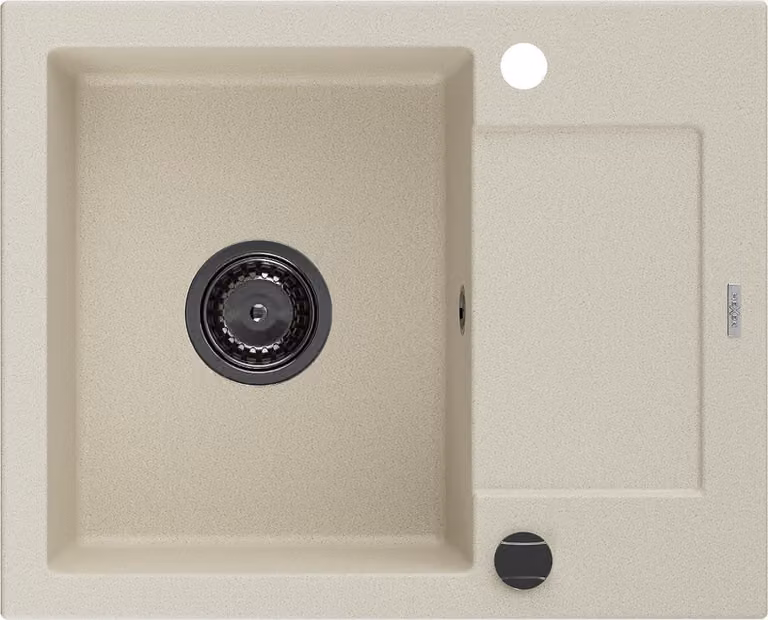 Mexen Enzo lavello in granito monovasca con sgocciolatoio 576 x 465 mm, beige, sifone nero - 6506571005-69-B