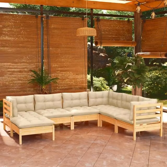 Set Divani da Giardino 7 pz con Cuscini Crema Massello di Pino 3096562