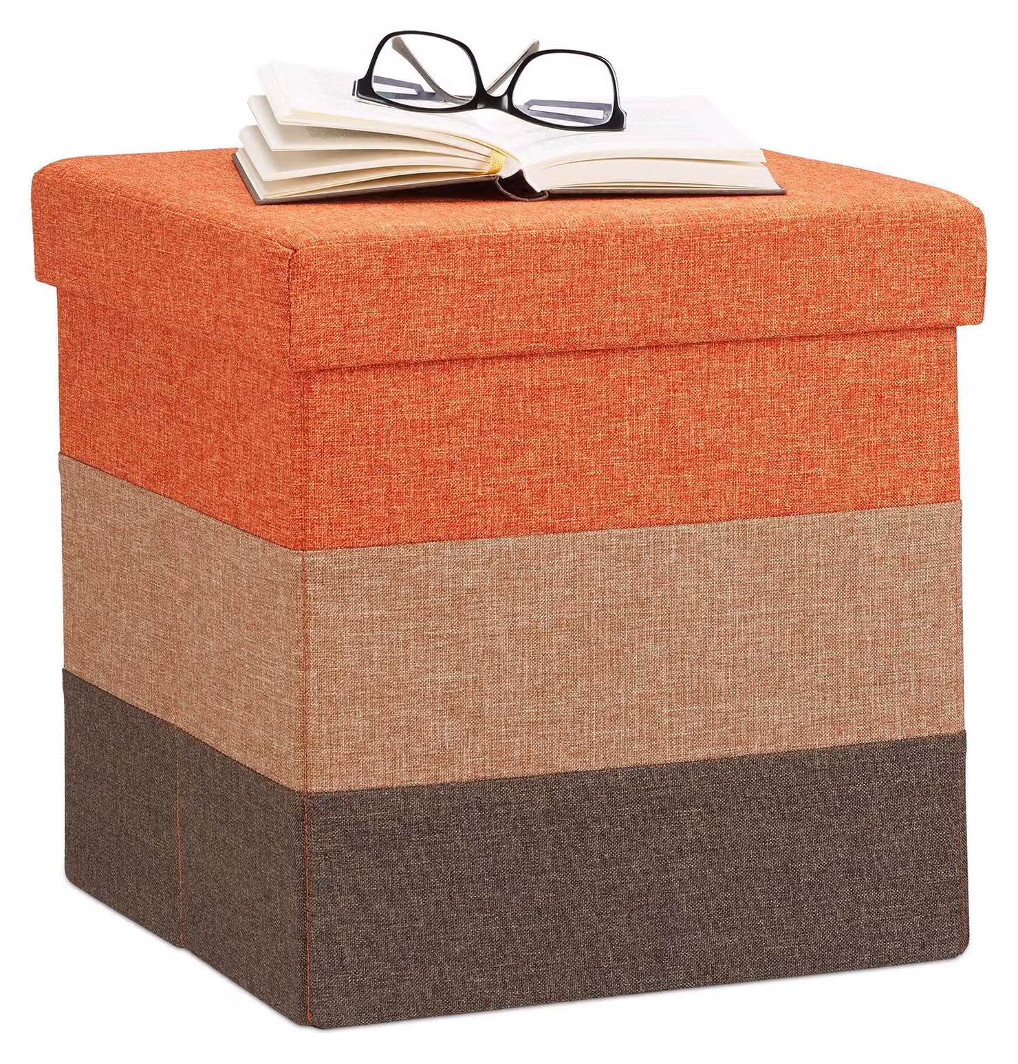 Pouf con spazio contenitore, pieghevole, dimensioni 38x38x38 cm, a righe, color arancione-marrone