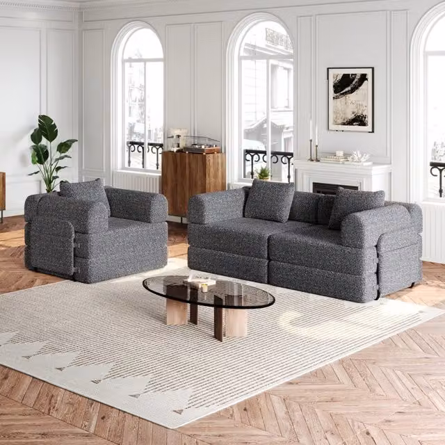 Divano Letto 2 in 1 MINIMAL con Vano Portaoggetti in Chenille Grigio e Struttura in Metallo