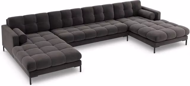 Divano panoramico Bali a L di Cosmopolitan Design, 7 posti in velluto grigio scuro, L/P/H: 383 x 155 x 75 cm – 1