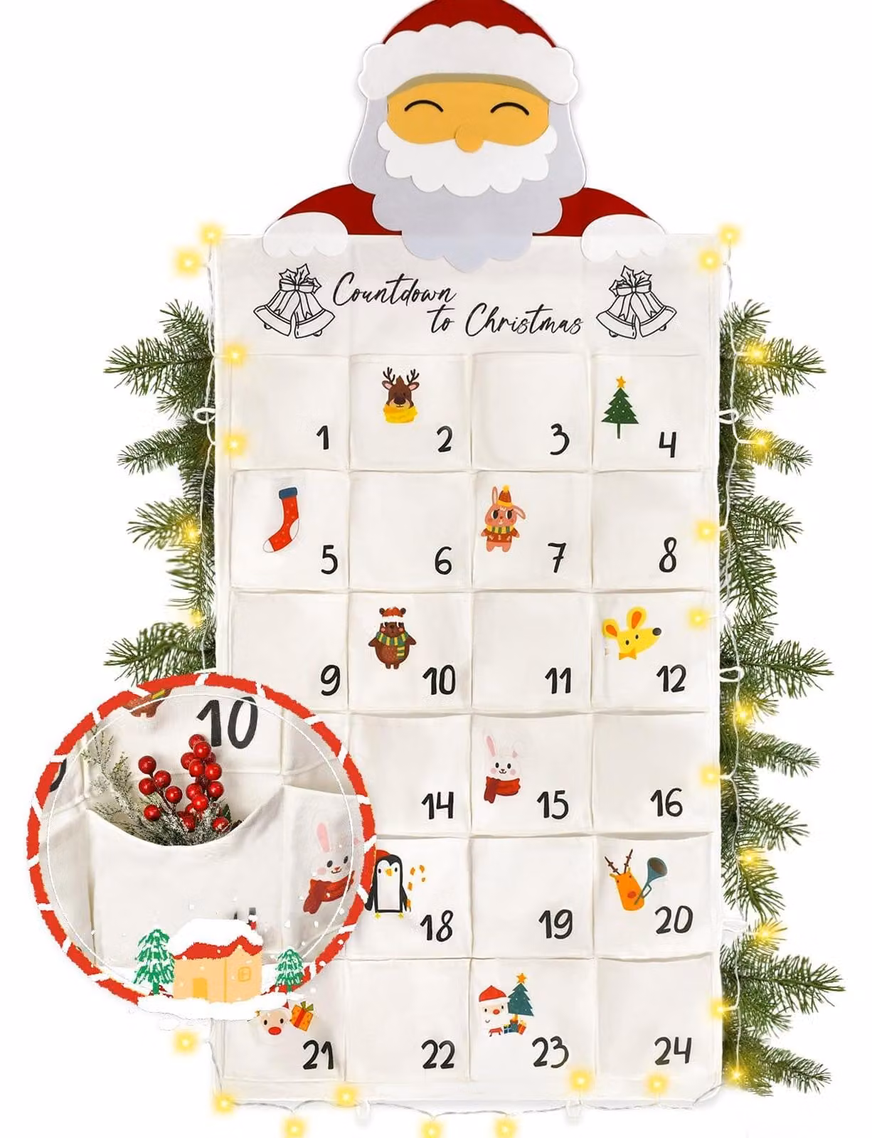 Calendario dell'Avvento da riempire, con 24 tasche, dotato di catena luminosa, dimensioni 70x130 cm