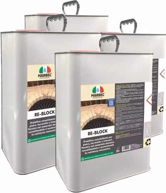 Consolidante per pietra Marbec RE-BLOCK a base di solvente, trasparente, confezione da 4 x 5 l – 1