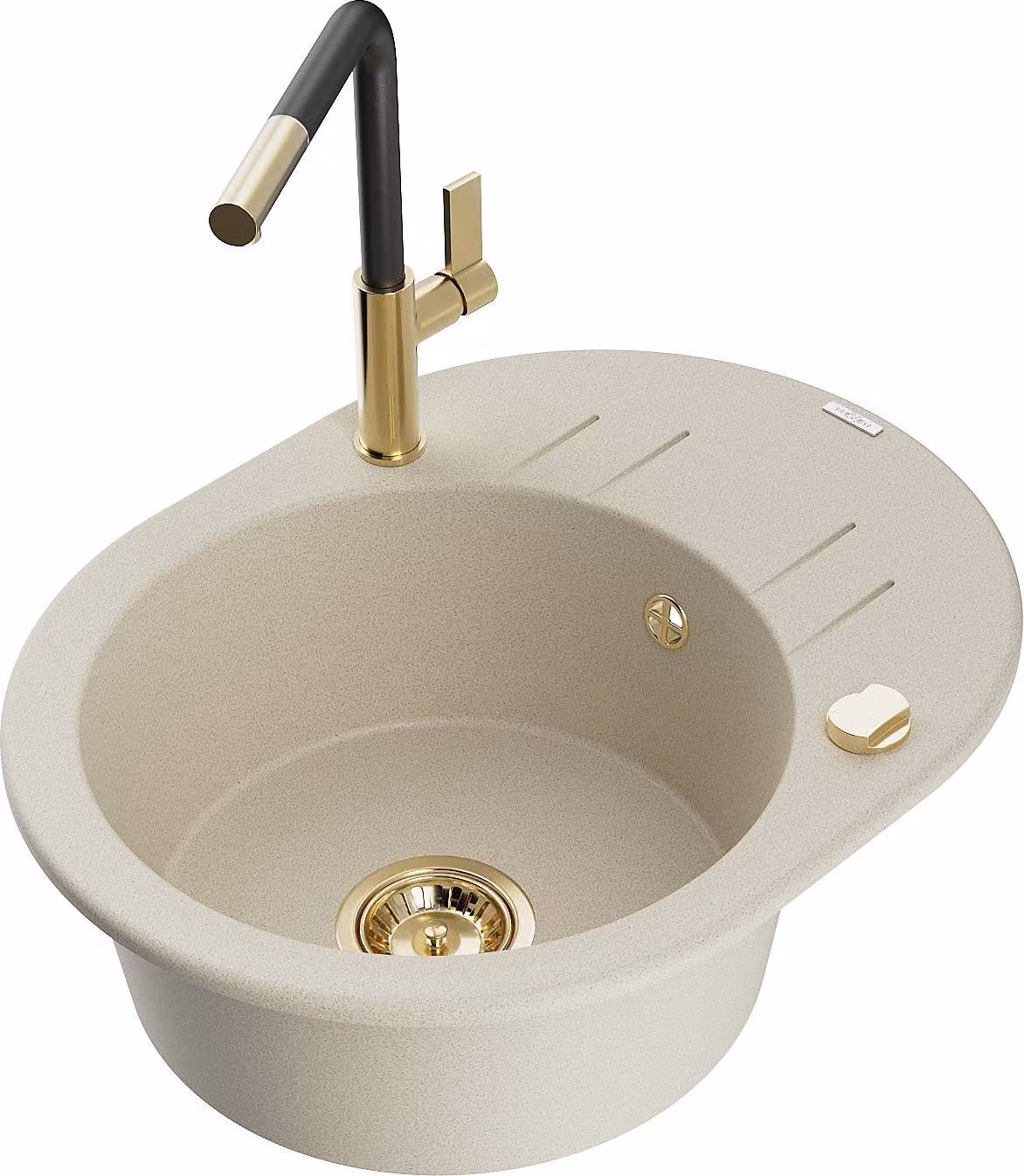 Mexen Kevin lavello in granito a 1 vasca con gocciolatoio e rubinetto da cucina Flora, beige - 6517-69-670401-57-G