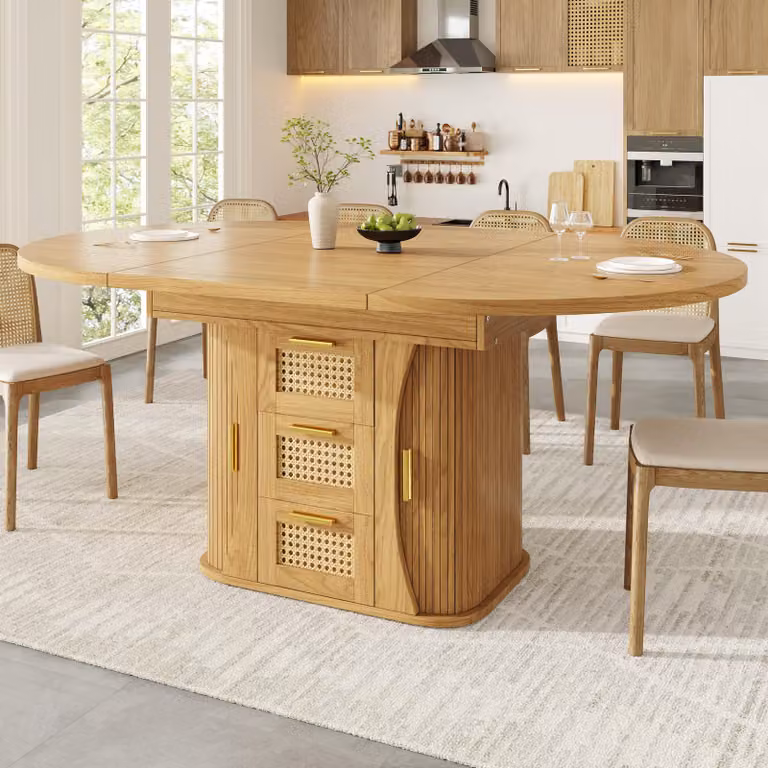 Tavolo da pranzo allungabile Flieks con vano portaoggetti integrato e finitura effetto rattan, tavolo da cucina, tavolo da pranzo 118-158 x 118 x 77,1 cm, legno naturale