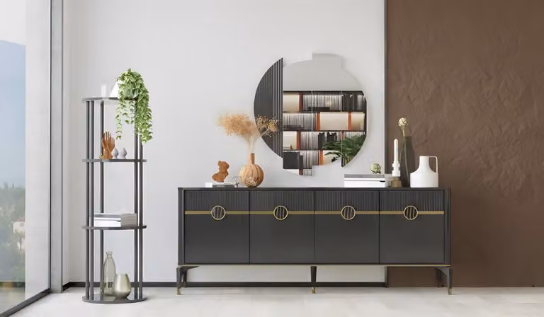 Garnitur Anrichte Spiegel Schrank Holzschrank Grau Holz Kommode Luxus