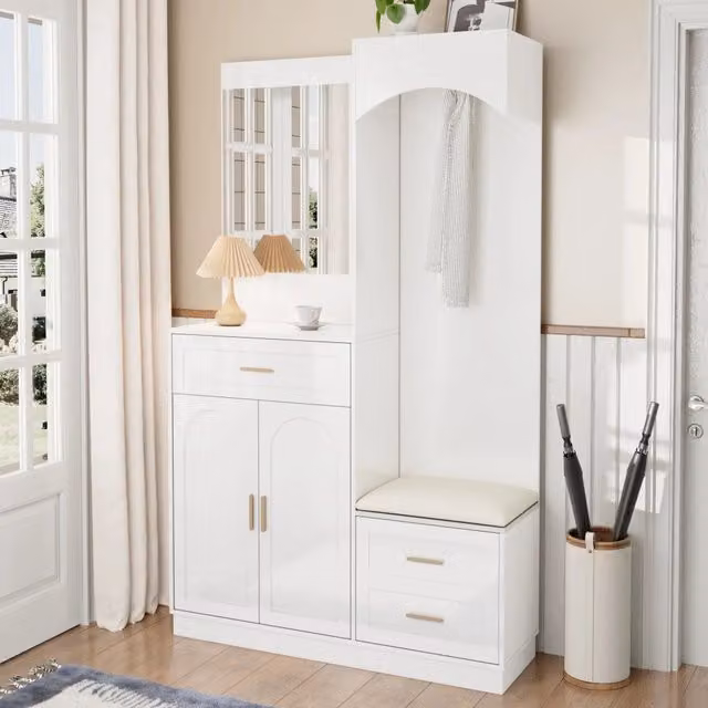 Mobile da ingresso con specchio e panca, scarpiera con ripiani regolabili, bianco, 110 × 33 × 185,5 cm