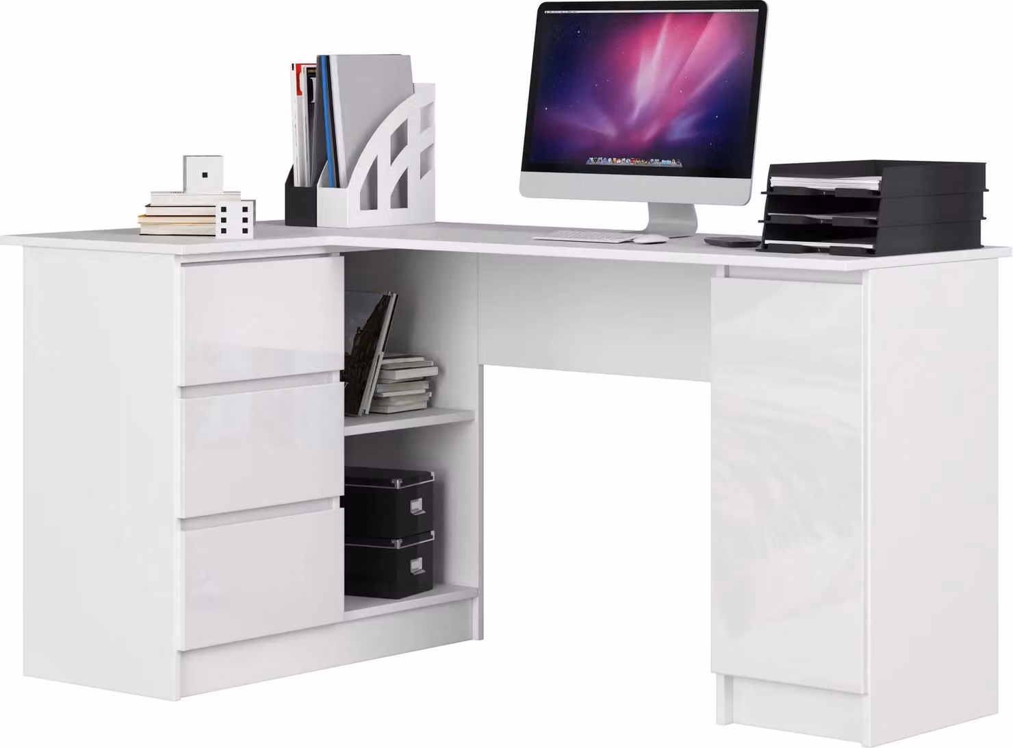 Scrivania Angolare 155 cm Bianco Lucido con Ripostiglio e 3 Cassetti