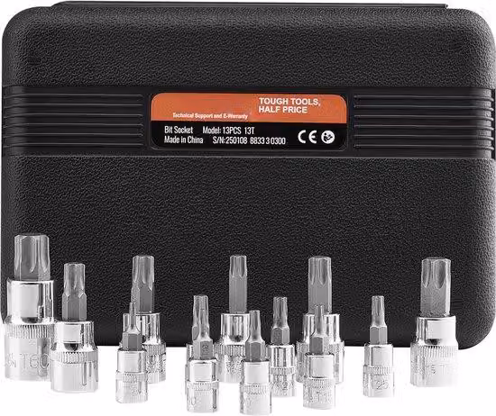 Set di inserti a bussola per viti Torx, 13 pezzi, da T8 a T60, realizzati in lega S2 e acciaio Cr-V, con attacco da 1/4 di pollice, 3/8 di pollice e 1/2 di pollice, fornito in una valigetta di trasporto