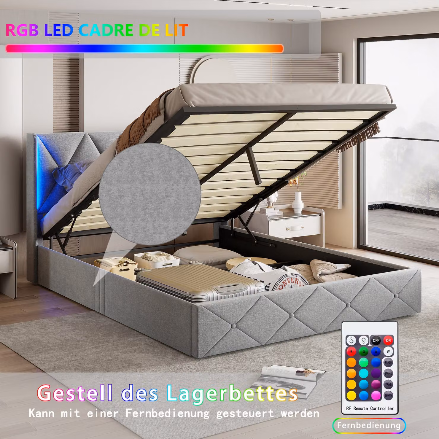 Letto imbottito ProximaX 140x200cm con rete a doghe e testata, letto idraulico con contenitore, illuminazione a LED, letto matrimoniale per ragazzi, adulti, grigio (senza materasso)