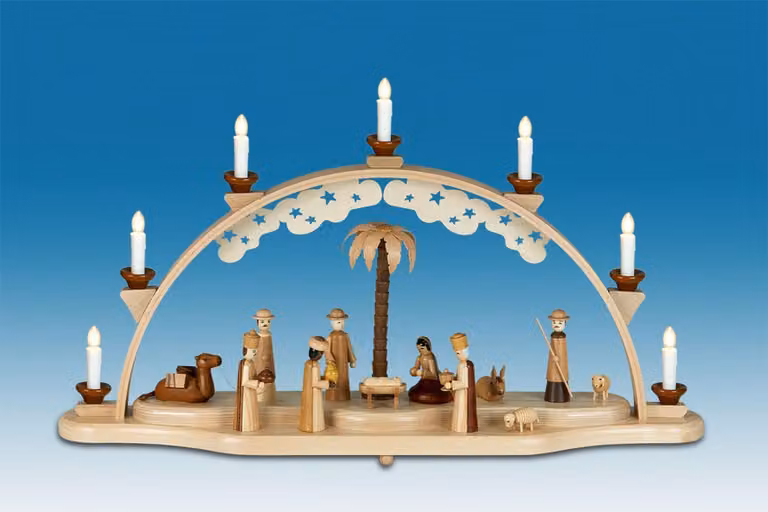 Schwibbogen per la celebrazione della nascita di Cristo, illuminazione. Dimensioni: 72x42 cm. Nuovo