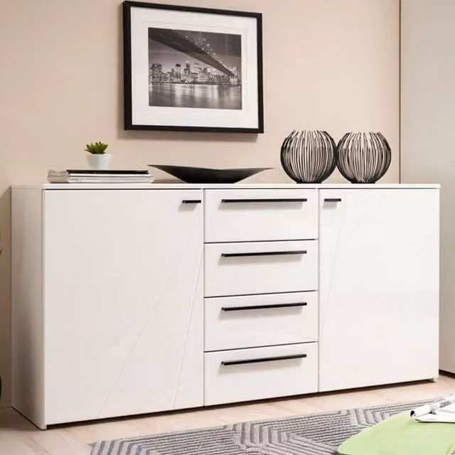 Madia Maropati DMORA con 2 ripiani, design moderno geometrico, Bianco lucido, L: 163 cm, P: 40 cm, H: 80.5 cm