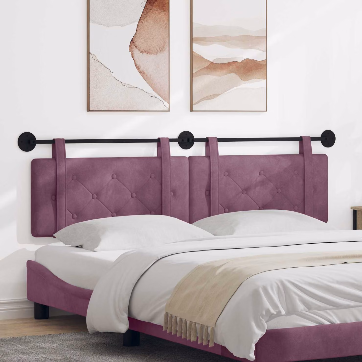 Testiera da letto sospesa vidaXL in velluto viola con struttura in legno e pannello imbottito