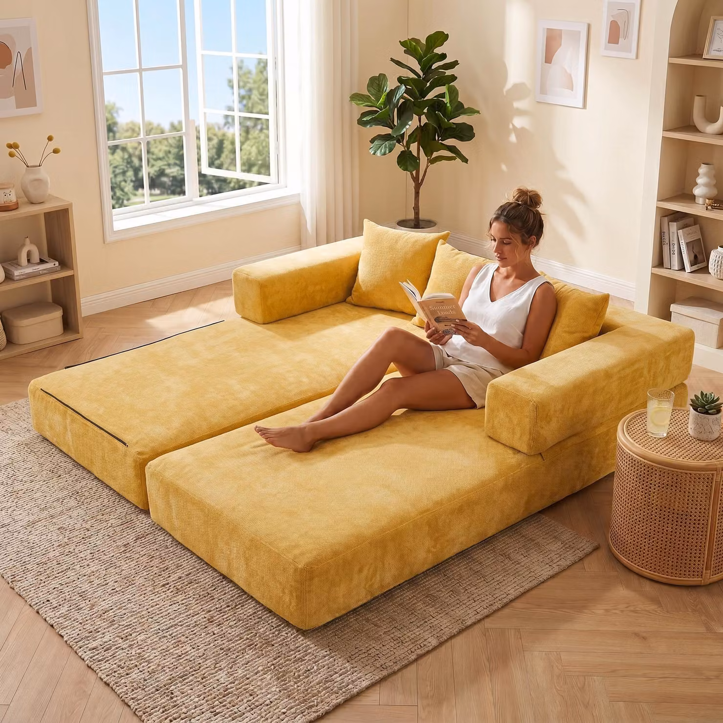 LVHOM Divano letto modulare in ciniglia, divano pieghevole da terra con tasca laterale, divano imbottito pieghevole 198x79/159cm, giallo