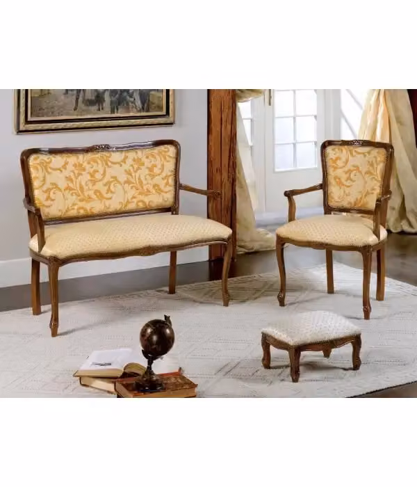 Poltrona imbottita in legno di faggio intagliata con fregi floreali beige e giallo Mobili 2G L: 84 cm, P: 59 cm, H: 50 cm – 3