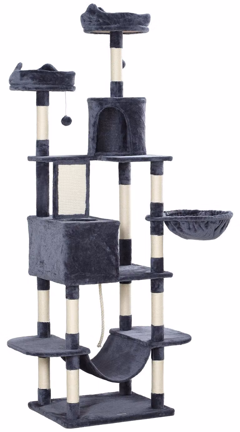 Torre per gatti alta 206 cm con rifugio e pali in sisal per graffiare | Colore: Grigio, Bianco | Dimensioni: 50x60x206 cm