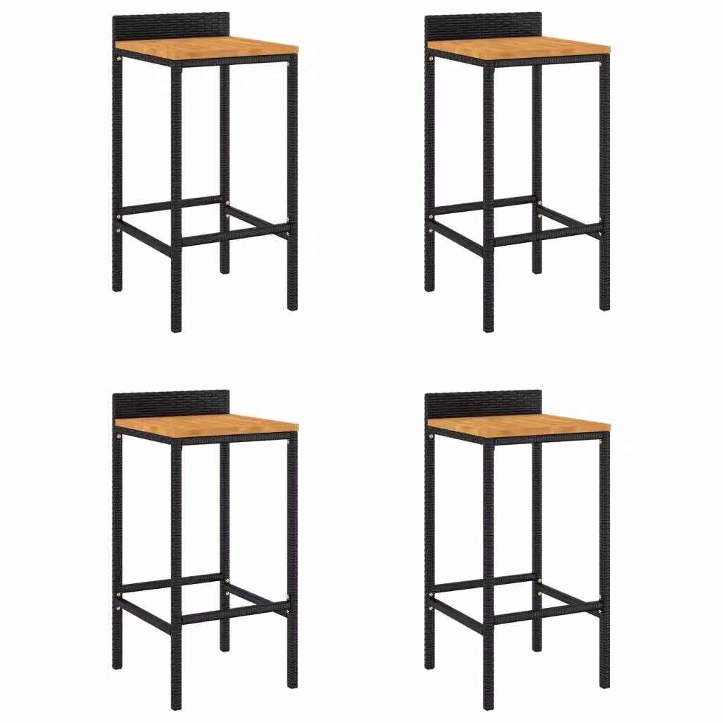 Set di 4 sgabelli da bar vidaXL in rattan e legno di acacia nero per cucina o giardino, H 86 x L 40 x P 44 cm
