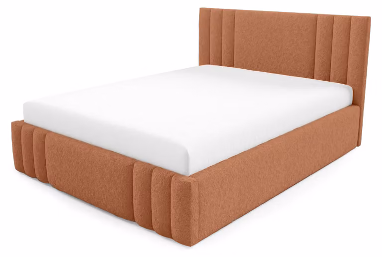 Letto imbottito con contenitore e gonna in tessuto effetto rame, dimensioni 160 x 200 cm