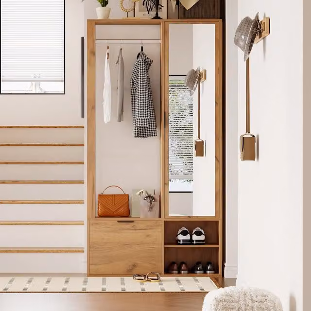 Guardaroba da ingresso Mivray moderno in MDF color marrone con specchio, appendiabiti e ripiani interni L: 100 cm, P: 33 cm, H: 190 cm
