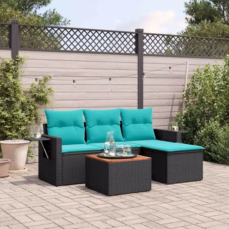 Set da giardino vidaXL a 5 pezzi in polyrattan nero con cuscini blu e struttura in metallo per esterni