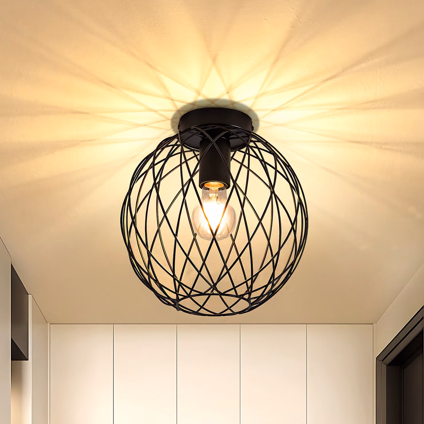 ZMH Lampada da soffitto Nero Sala da Pranzo Lampada Vintage - Plafoniera Corridoio 1 Fiamma E27 Lampade Industriali Gabbia Metallica Soffitto a Traliccio Faretto Retro