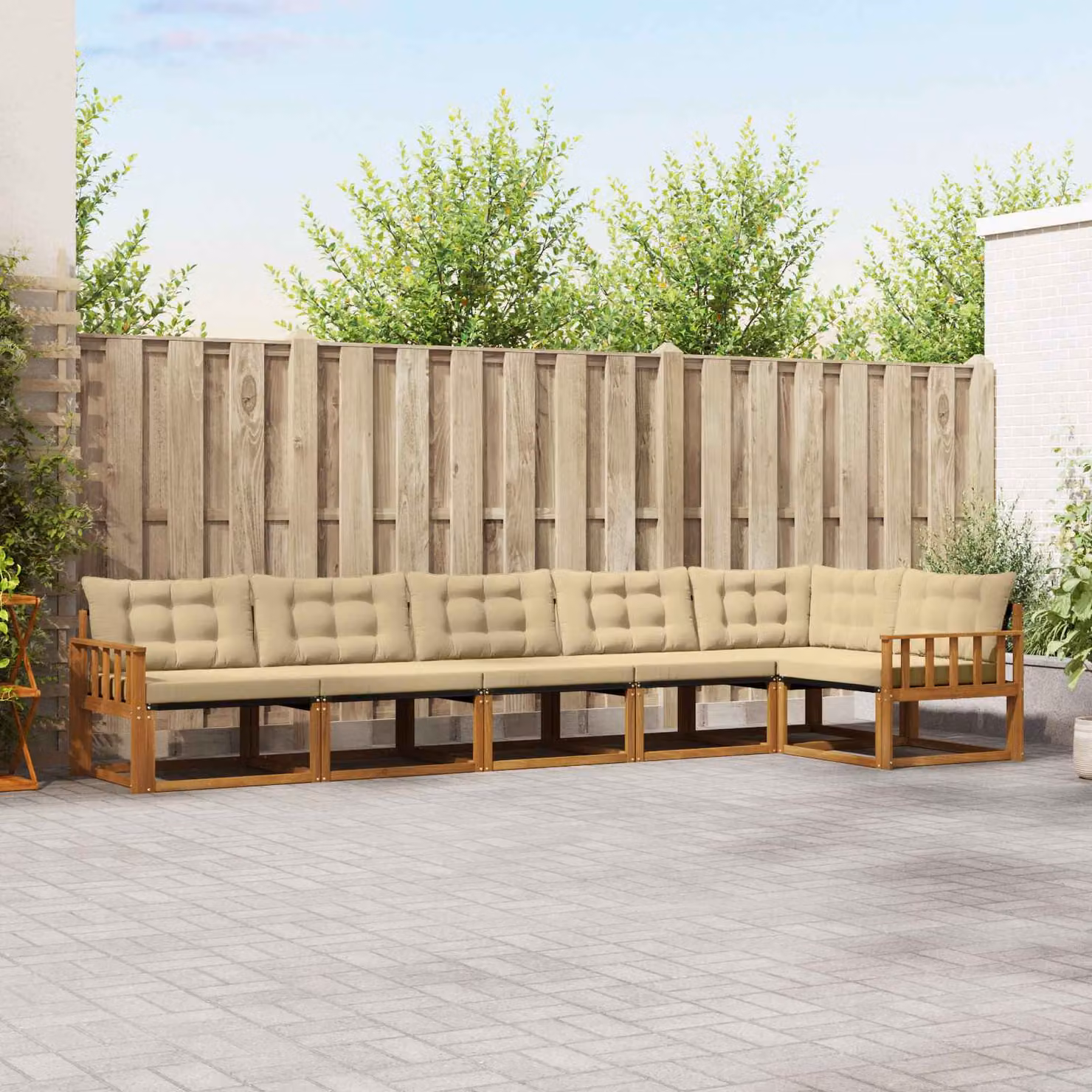 Set di divani da esterno vidaXL 6 pz a forma di L in legno di acacia con cuscini beige e marrone