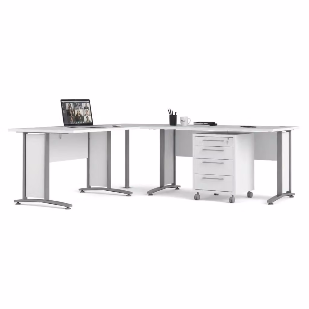Scrivania DMORA moderna con cassettiera, tavolo da ufficio rettangolare in MDF laminato opaco, L: 230 cm, P: 200 cm, H: 75 cm, Bianco e Grigio – 2