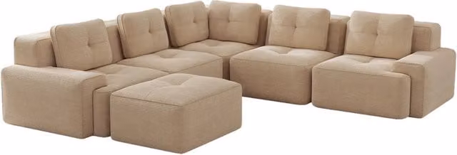 Divano modulare angolare in tessuto a coste beige con poggiapiedi, senza telaio, per soggiorno o ufficio